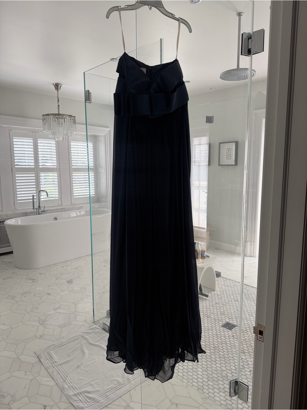Marchesa Navy Strapless Ruffle-Waist Chiffon Maxi Dress